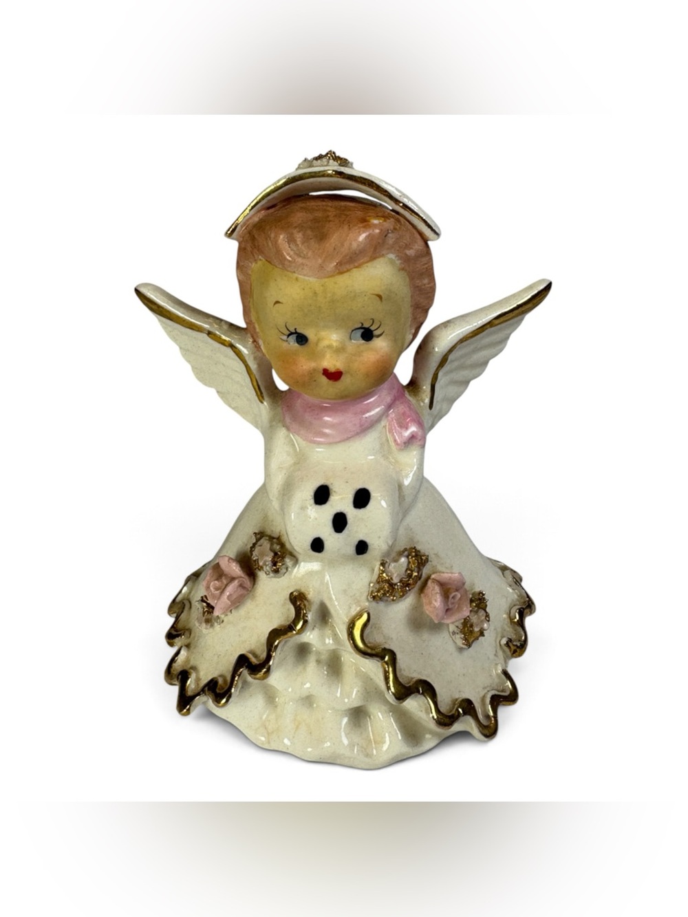 Vtg 4" Lefton Christmas Girl Angel w/Muff Bell 1950's Japan MCM Pink & Gold Trim